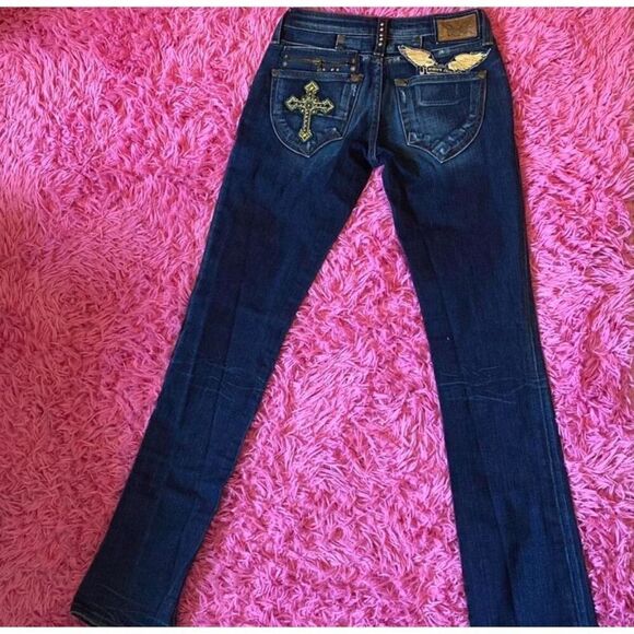 Vintage Robins Jean Rock N Roll Jeans Cross Angel Embroidery - Picture 2 of 12
